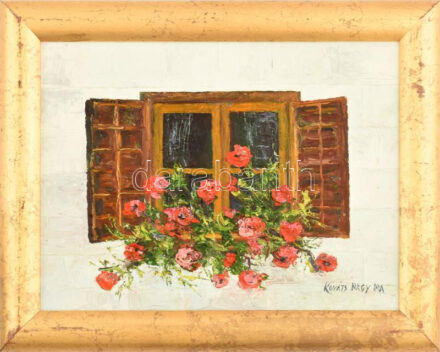 Kováts Nagy Ira (1921-2008): Őrségi ablak. Olaj, farost. Jelzett. Hátoldalán Kováts Nagy Ira autográf ajándékozási soraival. Proveniencia: Ury Ibolya (1924-2009), a Műcsarnok tudományos főmunkatársa hagyatékából. Fakeretben, 23×30