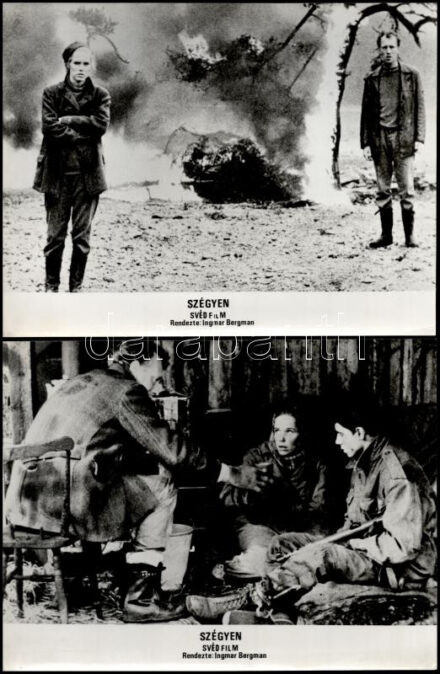 cca 1968 Az Ingmar Bergman rendezésében készült ,,Szégyen' című svéd film jelenetei és szereplői, 11 db vintage produkciós filmfotó, ezüst zselatinos fotópapíron, a használatból eredő (esetleges) kisebb hibákkal, 18x21 cm