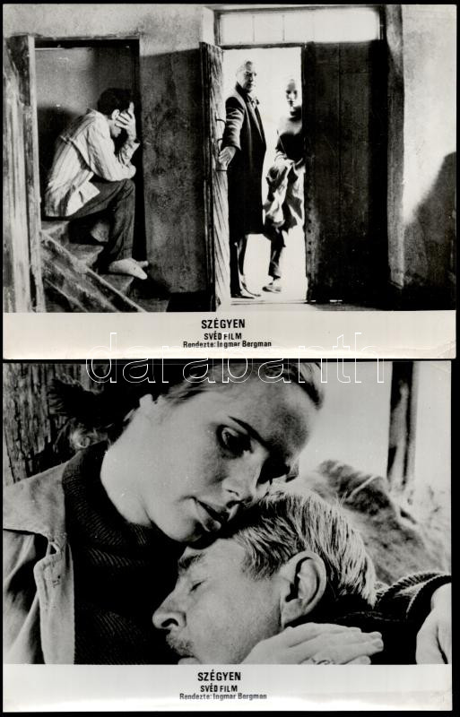 cca 1968 Az Ingmar Bergman rendezésében készült ,,Szégyen' című svéd film jelenetei és szereplői, 11 db vintage produkciós filmfotó, ezüst zselatinos fotópapíron, a használatból eredő (esetleges) kisebb hibákkal, 18x21 cm - Image 2