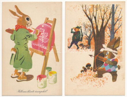 9 db MODERN magyar retro grafikai üdvözlő képeslap vegyes minőségben. Képzőművészeti Alap / 9 modern Hungarian retro graphic greeting postcards in mixed quality