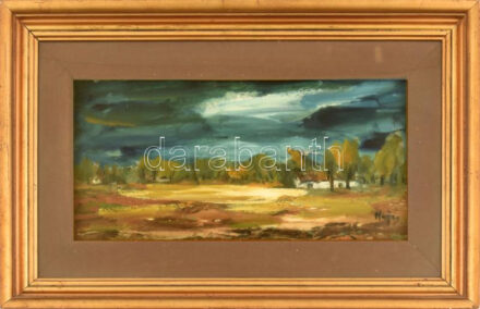 Hajós Hollanda Éva (1935-): Alföldi táj. Olaj, farost, jelzett. Dekoratív, üvegezett fakeretben, 19,5x40 cm Proveniencia: Ury Ibolya (1924-2009), a Műcsarnok tudományos főmunkatársa hagyatékából.