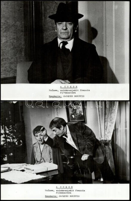 cca 1978 ,,A cukor' című francia filmszatíra jelenetei és szereplői, 5 db vintage produkciós filmfotó, ezüst zselatinos fotópapíron, a használatból eredő (esetleges) kisebb hibákkal, 18x21 cm