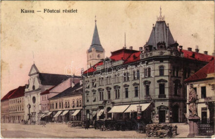 Kassa, Kosice; Fő utca, Andrássy-Udvar palota és kávéház, Dr. Holzman fogorvos rendelője, üzletek, drogéria. Radó Béláné kiadása / main street, palace and café, dentist, shops, drugstore + 'IV. SZ. KIEGÉSZÍTŐ KÓRHÁZ KASSA M.