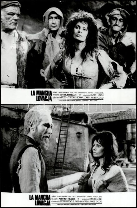 cca 1972 ,,La Mancha lovagja' című olasz - amerikai film jelenetei és szereplői (Sophia Loren, Peter Otoole, James Coco), 13 db vintage produkciós filmfotó, ezüst zselatinos fotópapíron, a használatból eredő (esetleges) kisebb