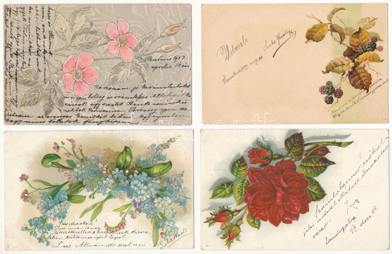 20 db RÉGI hosszú címzéses motívum képeslap vegyes minőségben, lithok is: virágok / 20 pre-1910 motive postcards in mixed quality: flowers