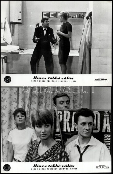 cca 1978 előtt készült a ,,Nincs többé válás' című lengyel film jelenetei és szereplői, 13 db vintage produkciós filmfotó, ezüst zselatinos fotópapíron, a használatból eredő (esetleges) kisebb hibákkal, 18x21 cm