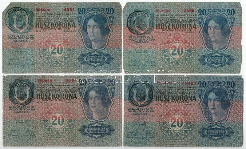 1913. 20K fekete 'ROMANIA TIMBRU SPECIAL' felülbélyegzéssel (4db) T:F,VG kisebb anyaghiány Adamo K17