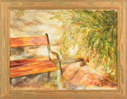 Kórusz Márta (?-): Szőnyi pad Zebegényben. Tempera, farost. Jelzés nélkül. Proveniencia: Ury Ibolya (1924-2009), a Műcsarnok tudományos főmunkatársa hagyatékából. Fakeretben. 30x40 cm