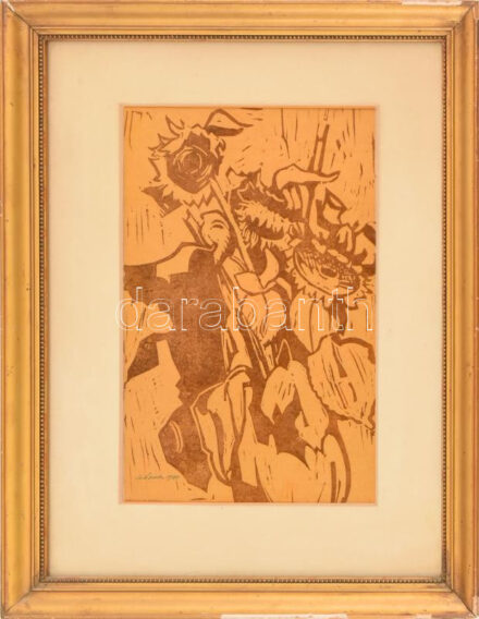 Gádor Emil (1911-1998): Csendélet. Linómetszet, papír, jelzett, üvegezett fakeretben. Hátoldalán Gádor Emil autográf ajándékozási soraival Proveniencia: Ury Ibolya (1924-2009), a Műcsarnok tudományos főmunkatársa hagyatékából.