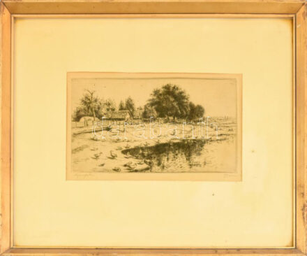 Boldizsár István (1897-1984): Nyár falun. Rézkarc, papír, jelzett. Üvegezett fakeretben. Proveniencia: Ury Ibolya (1924-2009), a Műcsarnok tudományos főmunkatársa hagyatékából. 16x28 cm