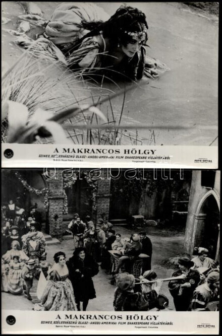 cca 1967 ,,A makrancos hölgy' című olasz - angol - amerikai filmvígjáték jelenetei és szereplői, 8 db vintage produkciós filmfotó, ezüst zselatinos fotópapíron, a használatból eredő (esetleges) kisebb hibákkal, 18x21 cm