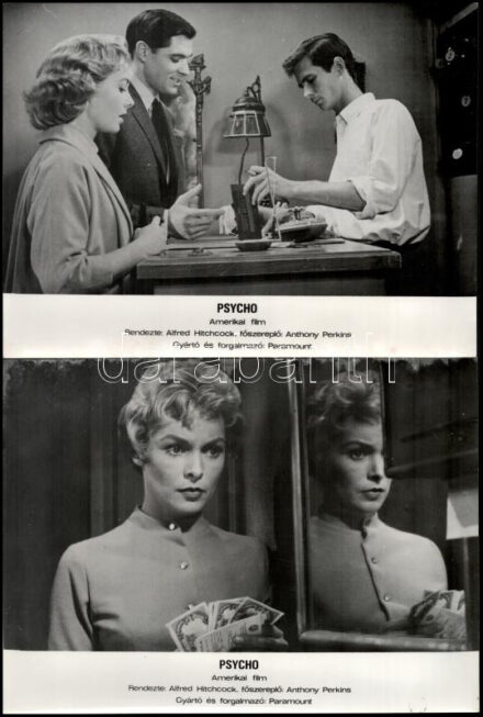 cca 1960 Alfred Hitchcock ,,Psycho' című amerikai filmjének jelenetei és szereplői, 19 db vintage produkciós filmfotó, ezüst zselatinos fotópapíron, a képek többsége hibás (kopásfoltok, elszíneződés, törésvonal, stb.), 18x21 cm