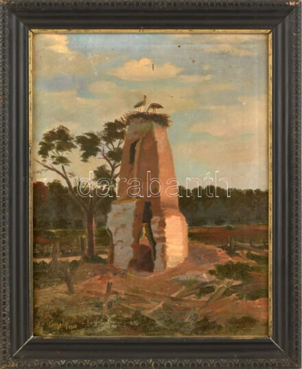 Olvashatatlan jelzéssel, XX. sz. elején működött alföldi, feltehehetően makói festő: Gólyafészek, 1916. Olaj, vászon, sérült. Dekoratív fakeretben. 45x35 cm