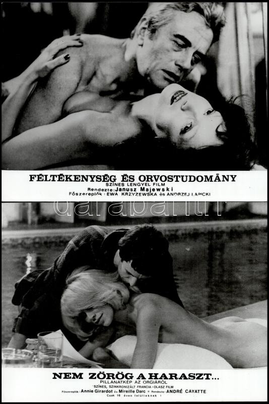 Az incselkedés, a szexuális vágy, a kielégülés, a szerelem kifejezése különböző filmek ,,ágyjeleneteiben', 21 db vintage produkciós filmfotó, ezüst zselatinos fotópapíron, a használatból eredő (esetleges) kisebb hibákkal, 18x21