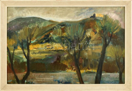 Hajós Hollanda Éva (1935-): Visegrád, Dunakanyar. Olaj, farost, jelzett, fakeretben, 36x54 cm. Proveniencia: Ury Ibolya (1924-2009), a Műcsarnok tudományos főmunkatársa hagyatékából.