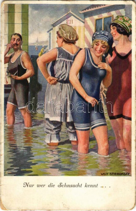Nur wer die Sehnsucht kennt... / Hölgyek a strandon, finoman erotikus képeslap / Ladies on the beach, gently erotic. W.R.B. & Co. Serie 22-83. s: Stieborsky Willy (EK)