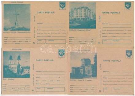 4 db modern román levelezőlap az 1950-es évekből / 4 modern Romanian postcards from the 50's: Cimpina, Masivul Bucegi, Blaj, Focsani