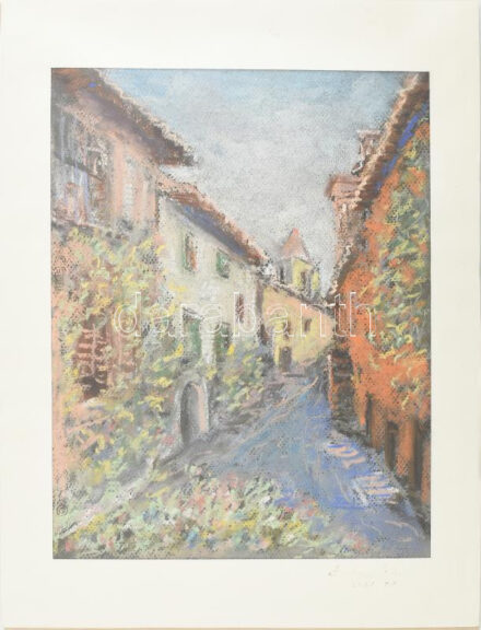 Benkóczy Péter (1946-): Grimaudi utcarészlet (Franciaország). Pasztell, papír, jelzett, 31x23 cm, paszpartuban.