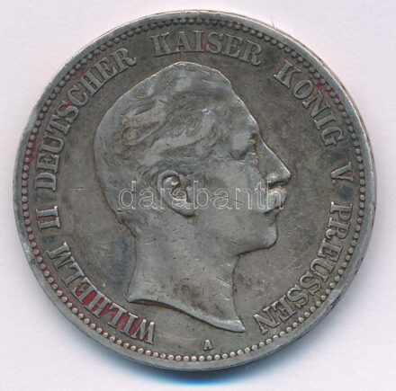 Német Államok / Poroszország 1899A 5M Ag 'II. Vilmos' T:VF patina, karc German States / Prussia 1899A 5 Mark Ag 'Wilhelm II' C:VF patina, scratch Krause KM#523