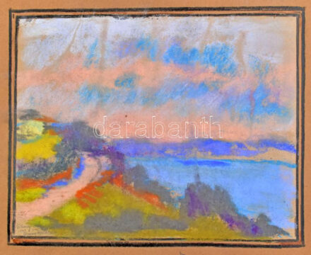 Almási Gyula Béla (1908-1976): Tihany, 1934. Pasztell, papír, jelezve balra lent, papírra kasírozva, jobbra lent Almási Gyula Béla autográf ajándékozási soraival 1935-ből. 18x22,5 cm