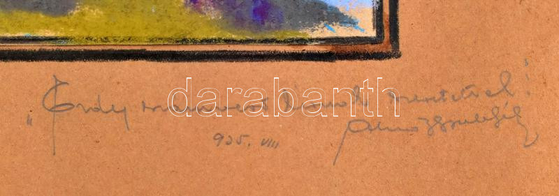 Almási Gyula Béla (1908-1976): Tihany, 1934. Pasztell, papír, jelezve balra lent, papírra kasírozva, jobbra lent Almási Gyula Béla autográf ajándékozási soraival 1935-ből. 18x22,5 cm - Image 2