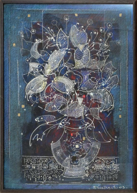 Fischer Ernő (1914-2002): Csendélet. Vegyes technika, papír, jelezve jobbra lent. Hátoldalán Fischer Ernő autográf ajándékozási soraival. Proveniencia: Ury Ibolya (1924-2009), a Műcsarnok tudományos főmunkatársa hagyatékából. 70x50