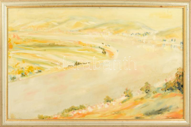 Benkóczy Péter (1946-): Dunakanyar. Olaj, karton, jelezve jobbra lent, 45x70 cm, dekoratív fakeretben. Proveniencia: Ury Ibolya (1924-2009), a Műcsarnok tudományos főmunkatársa hagyatékából.