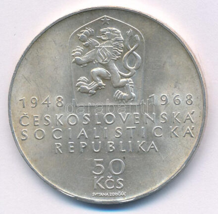 Csehszlovákia 1968. 50K Ag 'A függetlenség 50. évfordulója / A Népköztársaság 20. évfordulója' T:AU,XF kis ph, apró karc Czechoslovakia 1968. 50 Korun Ag '50th Anniversary of Independence / 20th Anniversary of the Peoples Republic'