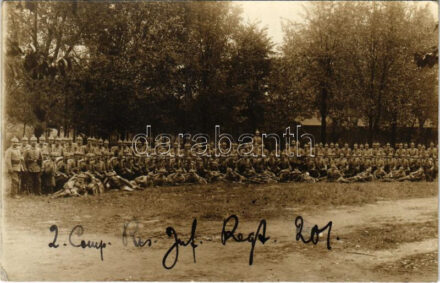 1914 2. Comp. Res. Inf. Regt. 201. / WWI German military, group of soldiers. Emil Strobel Photo-Atelier 'Deutscher Kaiser' Döberitz, im Truppenübungsplatz. photo + 'Reserve-Lazarett Schöningen' (EK)