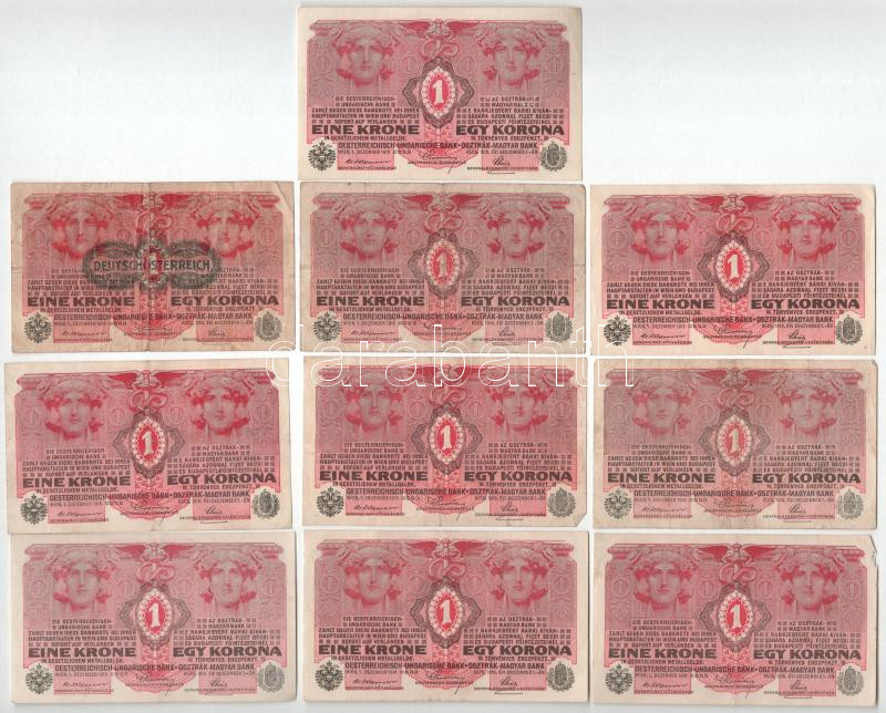 1916. 1K (10db, ebből az egyik zöld 'DEUTSCHÖSTERREICH' felülbélyegzéssel) T:AU-VG