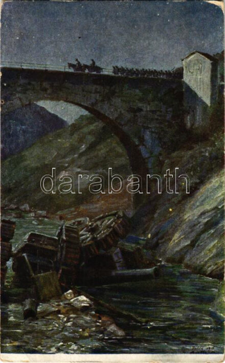 1. Kaiserschützenregiment passiert nachts die Brücke Anghebeni im Vallarsatal im Mai 1916 (Unten italienische 15 cm-Geschütze). Offizielle Karte für Witwen- und Waisenfond der Kaiserschützen / WWI Austro-Hungarian K.u.K. military art postcard,