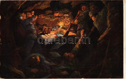 Eine Kaiserschützen-Telephonpatrouille wird in einer Kaverne nächst Valmorbia am 29. VI. 1916. von den Italienern überfallen. Offizielle Karte für Witwen- und Waisenfond der Kaiserschützen / WWI Austro-Hungarian K.u.K. military art postcard,