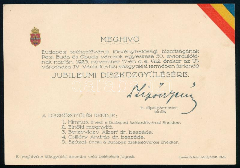 1923 Budapest egyesítése alkalmából tartott fővárosi díszközgyűlés meghívója