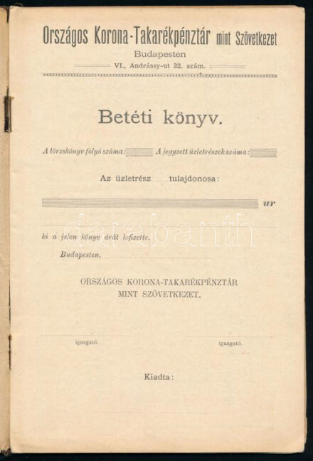 Országos Korona Takarékpénztár betéti könyv elvált borító