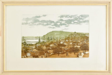 Gaál Domokos (1940-2009): Buda 1910. Rézkarc, papír, jelzett, számozott (15/100/98), üvegezett fakeretben, 26,5x38,5 cm