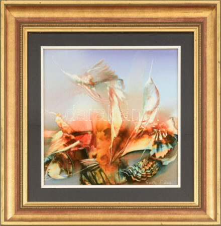 Erdélyi Tibor (1961-): Könnyed szárnyak. Olaj, farost. Jelzett. Hátoldalán címkén feliratozott. 35x35 cm. Üvegezett, dekoratív fakeretben.