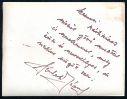 Simándy József (1916-1997) operaénekes dedikációja egy őt ábrázoló képen, 'Szamosi Mártikának szívből jövő szeretettel és szerelemmel, mely örök és szenvedélyes, de reklám mögött van: ...', foltos, 11x8 cm