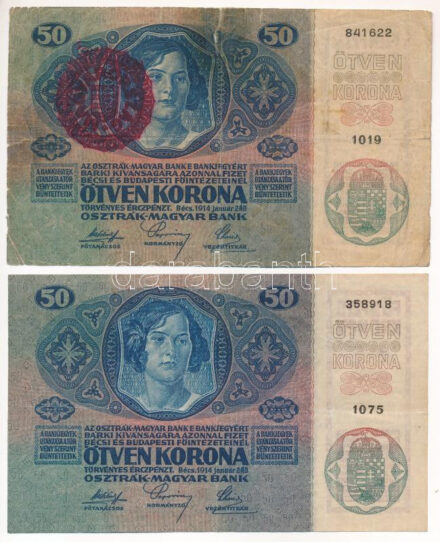 1914. 50K (2db) egyik piros 'MAGYARORSZÁG' felülbélyegzéssel T:F,VG egyiken tűly., másikon beszakadások Adamo K24