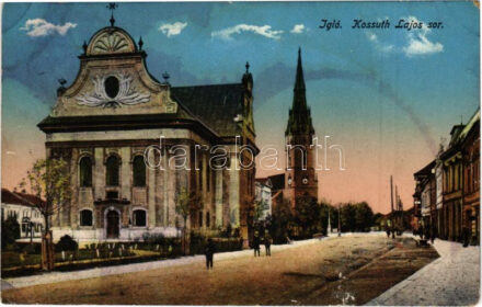 Igló, Zipser Neudorf, Spisská Nová Ves; Kossuth Lajos sor, Városháza, Evangélikus templom, Római katolikus templom / street view, town hall, Lutheran church, Catholic church (szakadás / tear) (non PC)