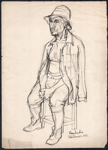 Konstantin László (1930-): Sztálinvárosi portré, 1954. Tus, papír, jelzett, lapszéli szakadásokkal, 38x27,5 cm
