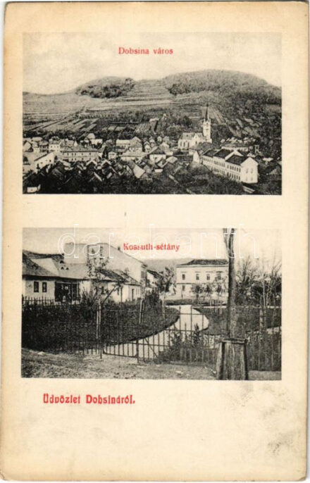 Dobsina, Dobschau; látkép, Kossuth sétány. Fischer Hermann kiadása / general view, street view, promenade (fl)