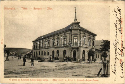 1902 Késmárk, Kezmarok; Ópiac és Kossuth Lajos utca sarka, Szopko G. Sándor üzlete. Feitzinger Ede 561 L. 1902/12. / Alter Markt u. Ecke d. Kossuth-Lajos-Gasse / market square, street view, shop (kis szakadás / small tear)