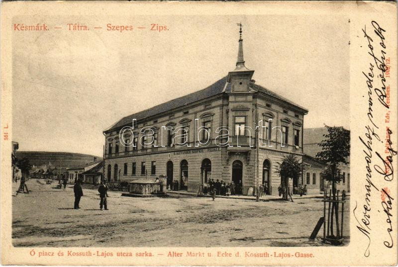 1902 Késmárk, Kezmarok; Ópiac és Kossuth Lajos utca sarka, Szopko G. Sándor üzlete. Feitzinger Ede 561 L. 1902/12. / Alter Markt u. Ecke d. Kossuth-Lajos-Gasse / market square, street view, shop (kis szakadás / small tear)