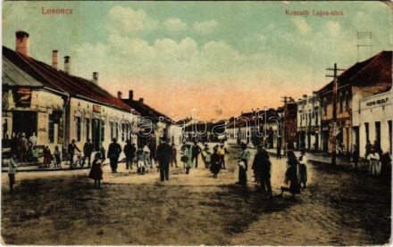 1916 Losonc, Lucenec; Kossuth Lajos utca, Kohn József, Frank és Kohn Adolf üzlete. Greiner Simon kiadása / street view, shops (EK)