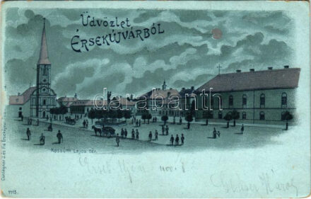 1899 (Vorläufer) Érsekújvár, Nové Zámky; Kossuth Lajos tér, templom. Conlegner J. és Fia kiadása / square, church. Art Nouveau, litho + 'BÉCS - BUDAPEST 2. SZ. B' vasúti mozgóposta bélyegző (EK)