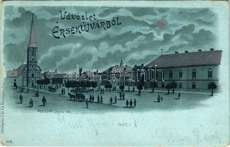 1899 (Vorläufer) Érsekújvár, Nové Zámky; Kossuth Lajos tér, templom. Conlegner J. és Fia kiadása / square, church. Art Nouveau, litho + 'BÉCS - BUDAPEST 2. SZ. B' vasúti mozgóposta bélyegző (EK)