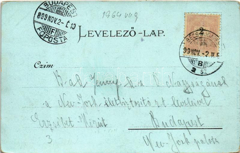 1899 (Vorläufer) Érsekújvár, Nové Zámky; Kossuth Lajos tér, templom. Conlegner J. és Fia kiadása / square, church. Art Nouveau, litho + 'BÉCS - BUDAPEST 2. SZ. B' vasúti mozgóposta bélyegző (EK) - Image 2