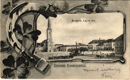 1905 Érsekújvár, Nové Zámky; Kossuth Lajos tér, templom, piac. Szecessziós keret patkóval és lóherével / square, church, market. Art Nouveau frame with horseshoe and clovers (fa)