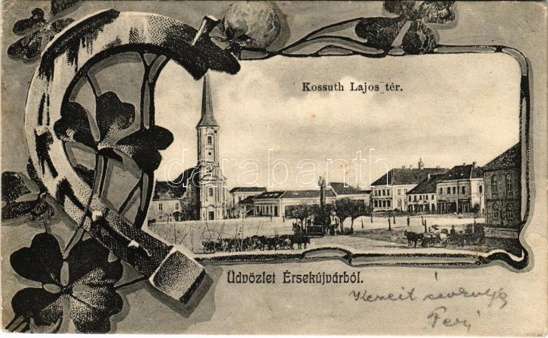 1905 Érsekújvár, Nové Zámky; Kossuth Lajos tér, templom, piac. Szecessziós keret patkóval és lóherével / square, church, market. Art Nouveau frame with horseshoe and clovers (fa)