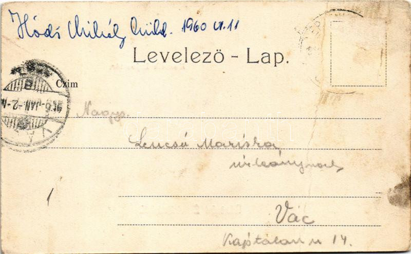 1905 Érsekújvár, Nové Zámky; Kossuth Lajos tér, templom, piac. Szecessziós keret patkóval és lóherével / square, church, market. Art Nouveau frame with horseshoe and clovers (fa) - Image 2